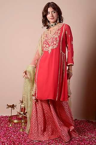 Cherry Red Brocade Sharara Set by Surabhi Arya