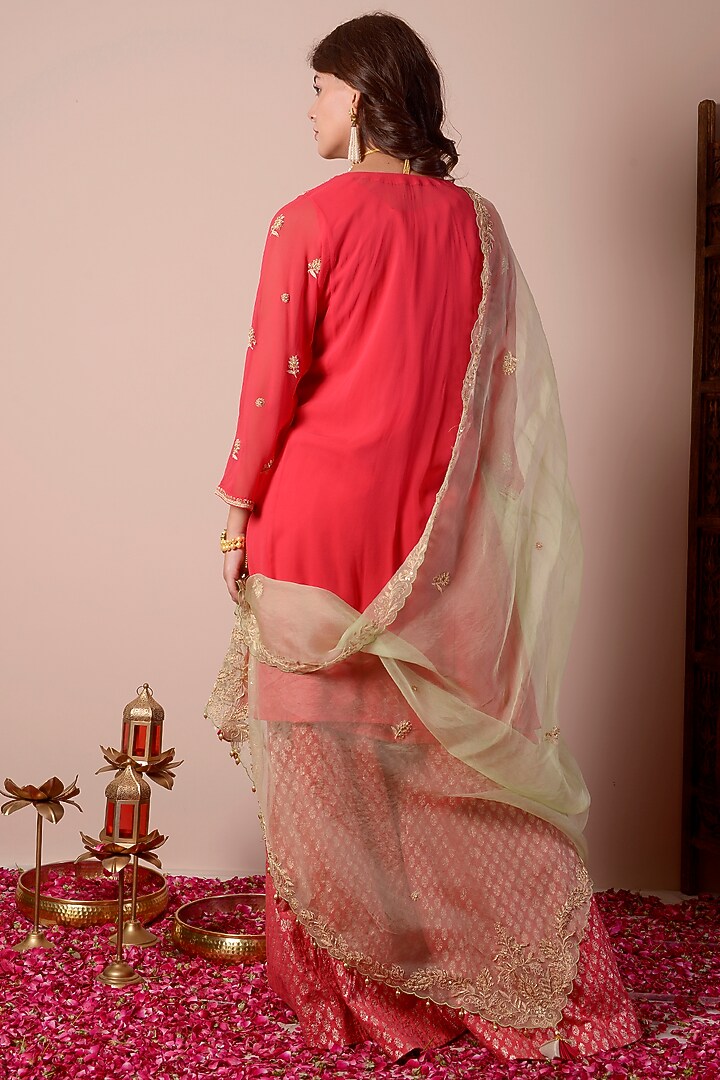 Cherry Red Brocade Wedding Sharara Set by Surabhi Arya at Pernia's Pop Up Shop