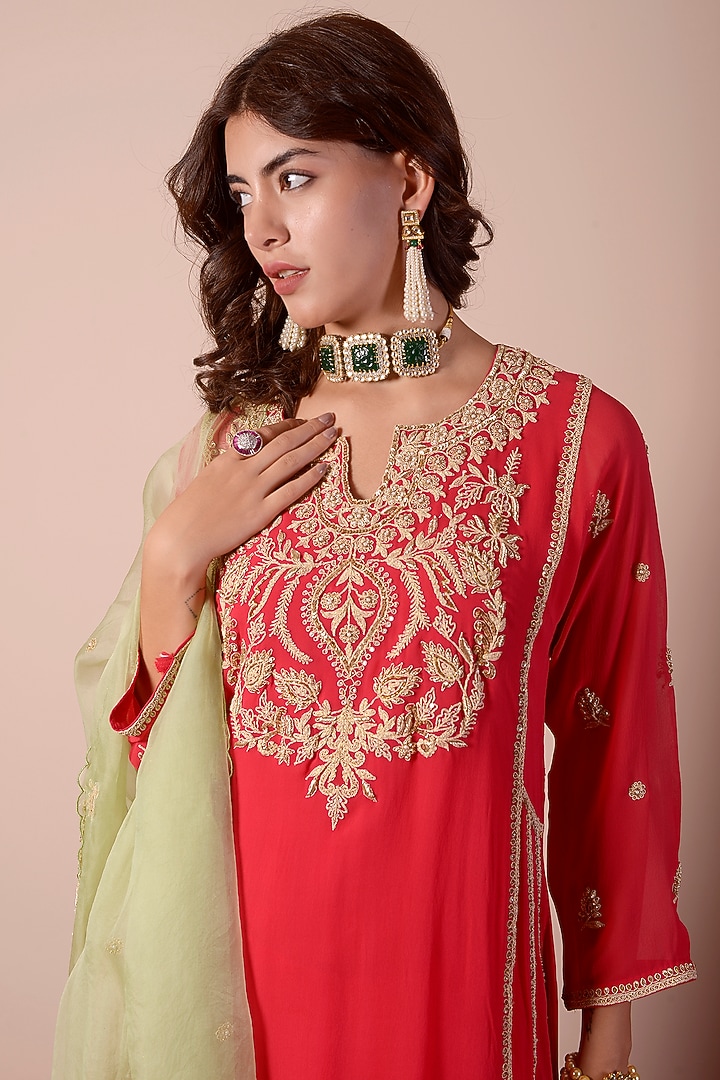 Cherry Red Brocade Wedding Sharara Set by Surabhi Arya at Pernia's Pop Up Shop