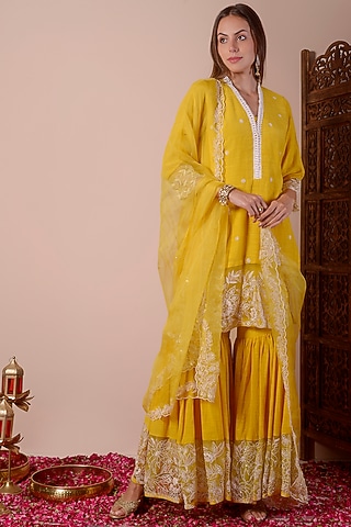 Butter Yellow Chanderi Patchwork Sharara Set by Surabhi Arya