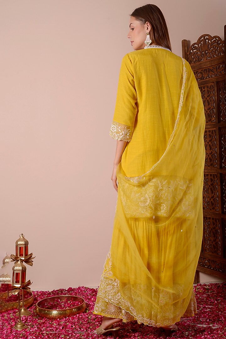 Butter Yellow Chanderi Patchwork Party Wear Sharara Set by Surabhi Arya at Pernia's Pop Up Shop