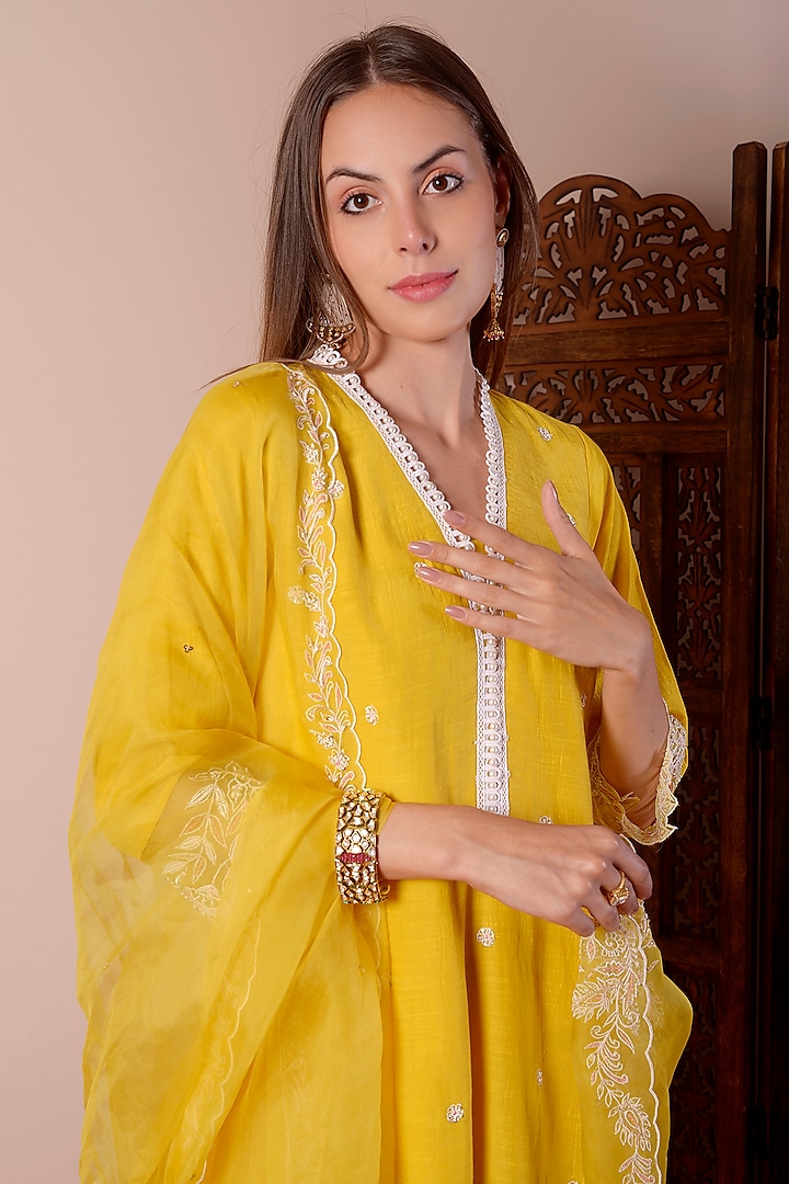 Butter Yellow Chanderi Patchwork Party Wear Sharara Set by Surabhi Arya at Pernia's Pop Up Shop