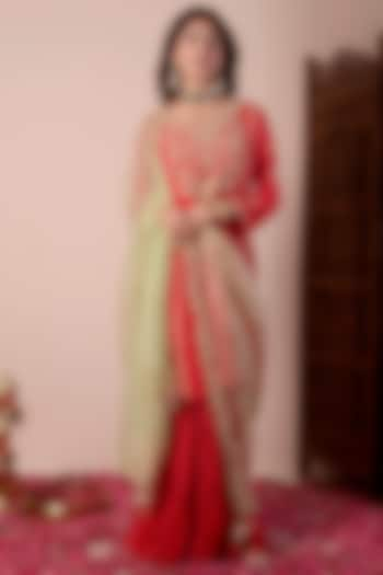 Cherry Red Brocade Sharara Set by Surabhi Arya at Pernia's Pop Up Shop