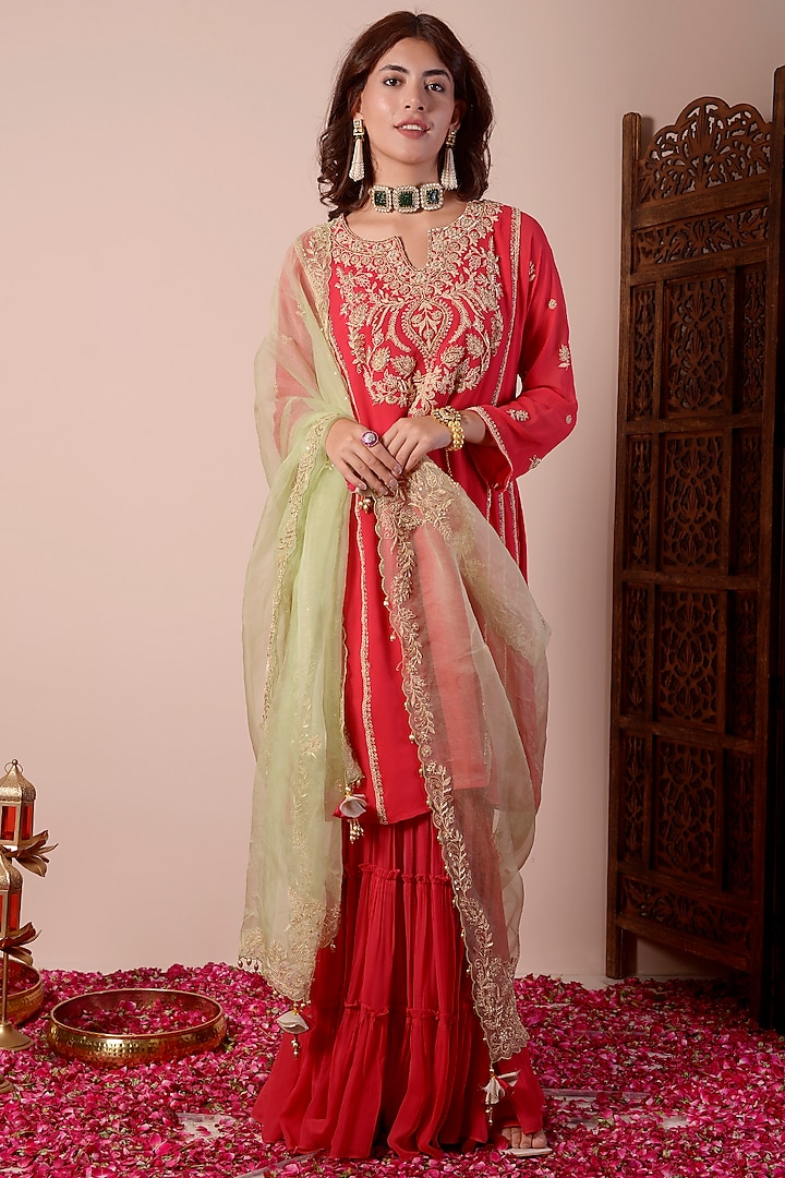 Cherry Red Brocade Sharara Set by Surabhi Arya at Pernia's Pop Up Shop