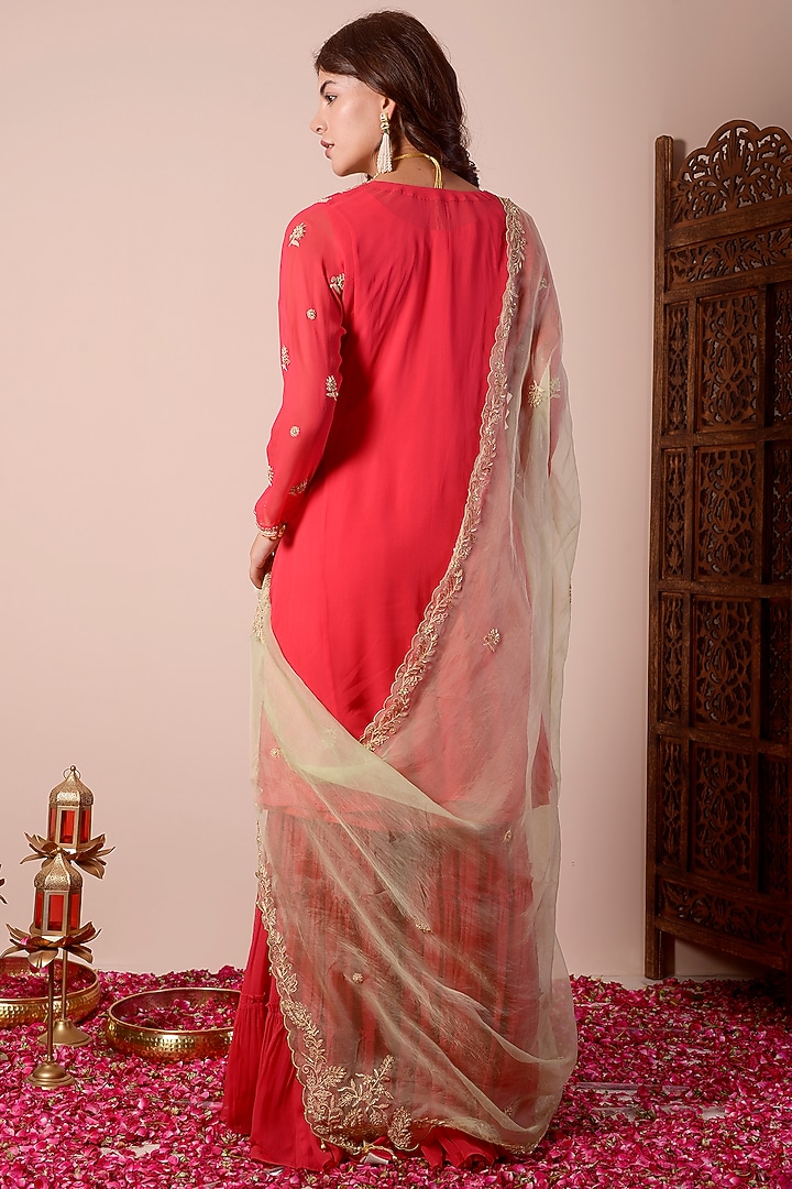 Cherry Red Brocade Wedding Sharara Set by Surabhi Arya at Pernia's Pop Up Shop