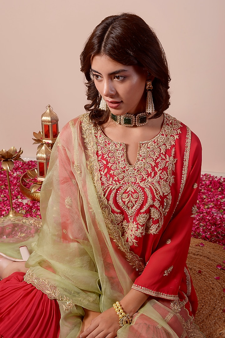 Cherry Red Brocade Wedding Sharara Set by Surabhi Arya at Pernia's Pop Up Shop