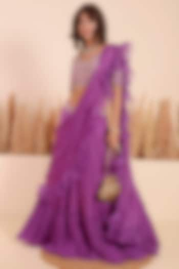 Violet Crepe Ruffled Draped Saree Set by Surabhi Arya at Pernia's Pop Up Shop