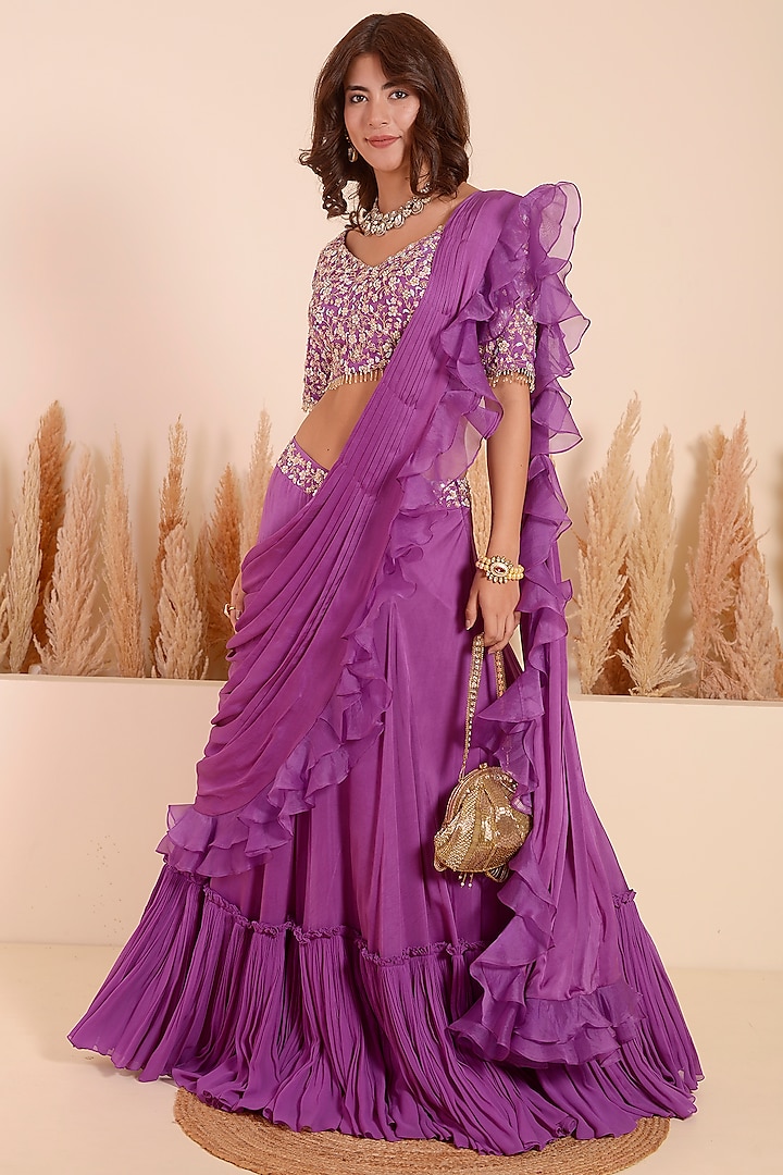 Violet Crepe Ruffled Draped Saree Set by Surabhi Arya at Pernia's Pop Up Shop