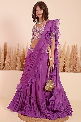Violet Crepe Ruffled Draped Saree Set by Surabhi Arya