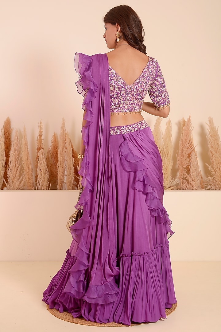 Violet Crepe Ruffled Draped Wedding Saree Set by Surabhi Arya at Pernia's Pop Up Shop
