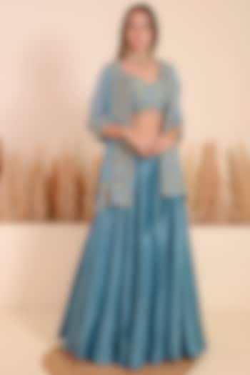 Carolina Blue Bemberg Silk Jacket Wedding Lehenga Set by Surabhi Arya at Pernia's Pop Up Shop