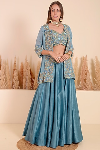 Carolina Blue Bemberg Silk Jacket Lehenga Set by Surabhi Arya