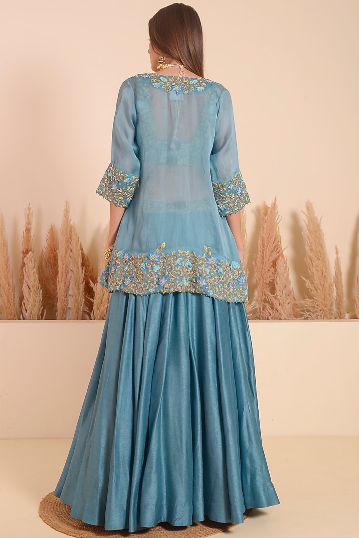 Carolina Blue Bemberg Silk Jacket Wedding Lehenga Set by Surabhi Arya at Pernia's Pop Up Shop