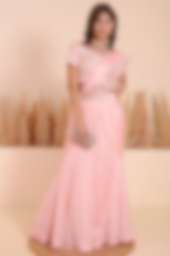 Baby Pink Crepe Ruffled Draped Wedding Saree Set by Surabhi Arya at Pernia's Pop Up Shop