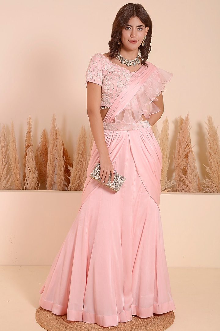 Baby Pink Crepe Ruffled Draped Wedding Saree Set by Surabhi Arya at Pernia's Pop Up Shop