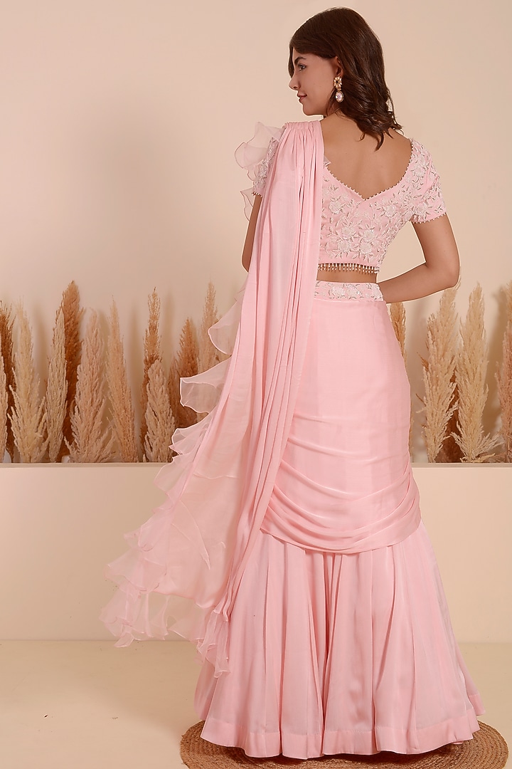 Baby Pink Crepe Ruffled Draped Wedding Saree Set by Surabhi Arya at Pernia's Pop Up Shop