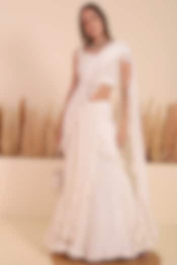 Ivory Georgette Ruffled Draped Wedding Saree Set by Surabhi Arya at Pernia's Pop Up Shop