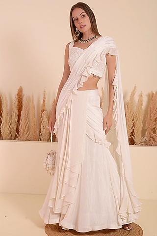 Ivory Georgette Ruffled Draped Saree Set by Surabhi Arya