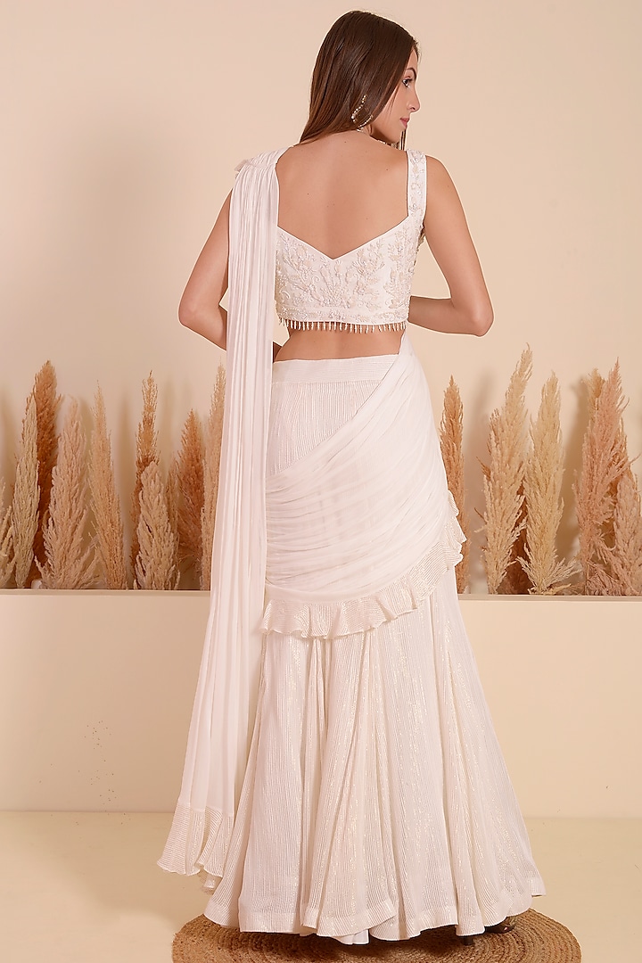 Ivory Georgette Ruffled Draped Wedding Saree Set by Surabhi Arya at Pernia's Pop Up Shop