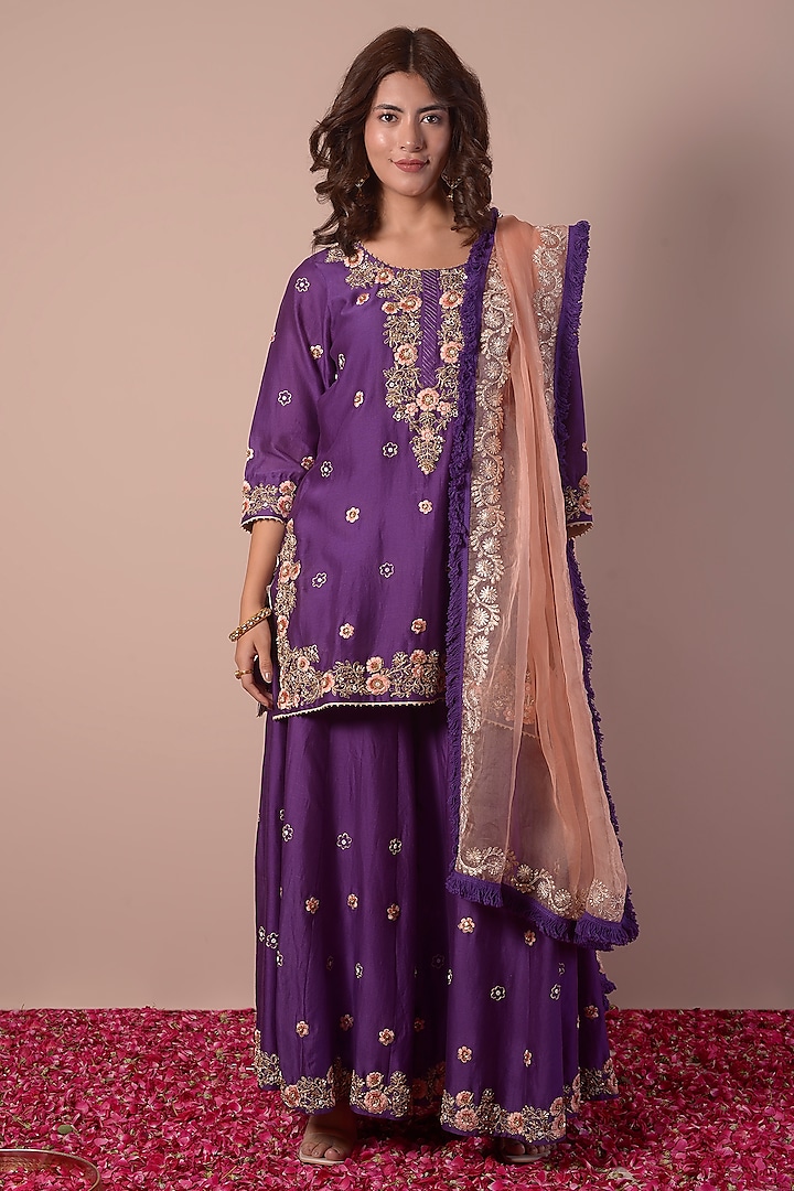 Purple Silk Chanderi Embroidered Sharara Set by Surabhi Arya at Pernia's Pop Up Shop