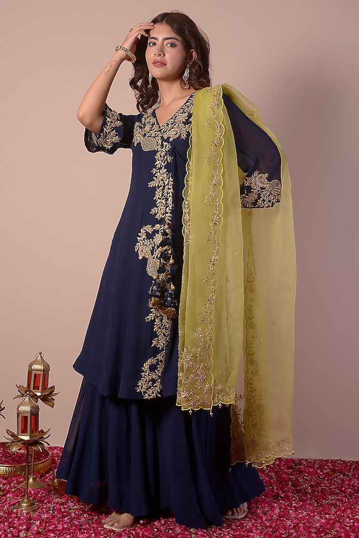 Midnight Blue Georgette Sharara Set by Surabhi Arya at Pernia's Pop Up Shop