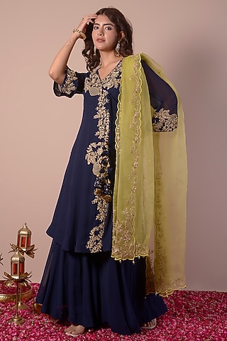 Midnight Blue Georgette Sharara Set by Surabhi Arya