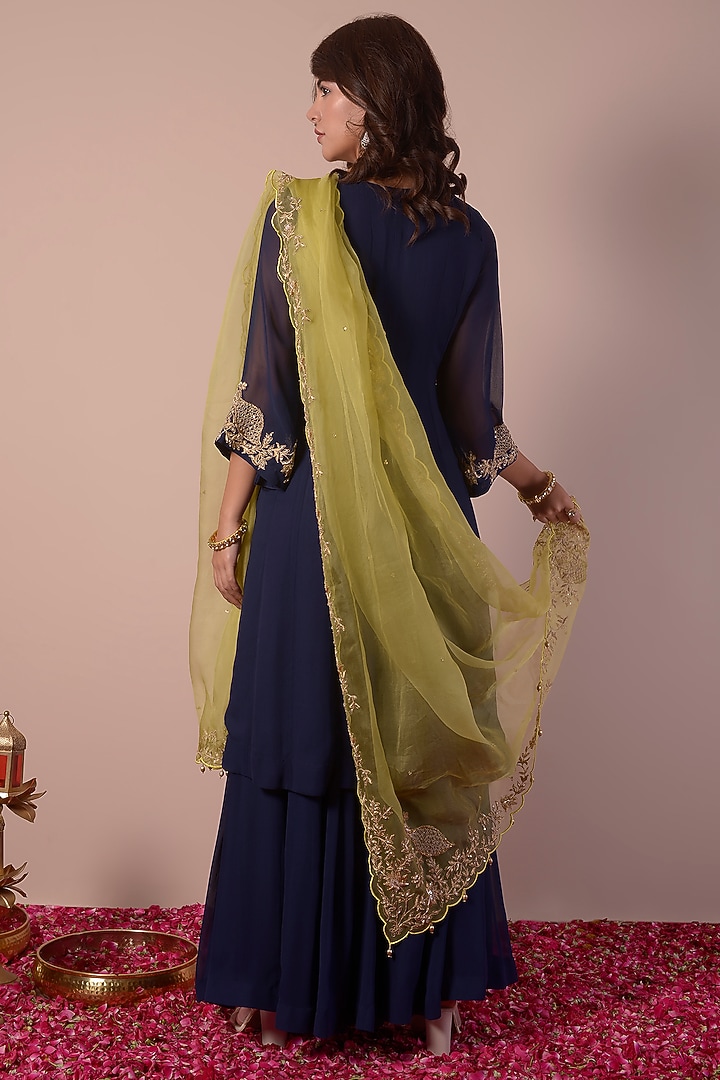 Midnight Blue Georgette Wedding Sharara Set by Surabhi Arya at Pernia's Pop Up Shop