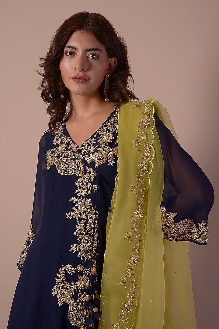 Midnight Blue Georgette Wedding Sharara Set by Surabhi Arya at Pernia's Pop Up Shop