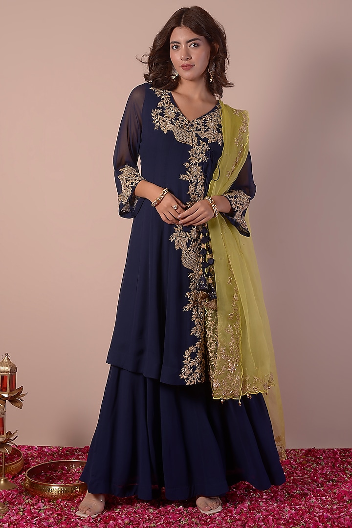 Midnight Blue Georgette Wedding Sharara Set by Surabhi Arya at Pernia's Pop Up Shop
