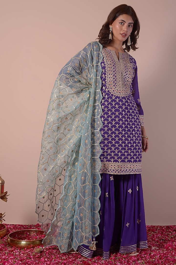 Violet Georgette Embroidered Gharara Set by Surabhi Arya at Pernia's Pop Up Shop