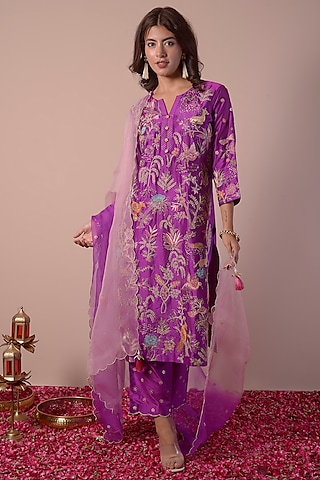 Royal Purple Pure Silk Hand Embroidered Kurta Set by Surabhi Arya