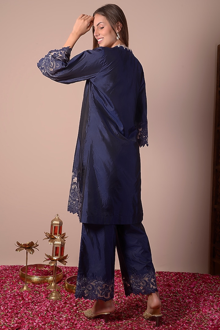 Navy Blue Pure Silk Cutwork Embroidered Kurta Set by Surabhi Arya at Pernia's Pop Up Shop