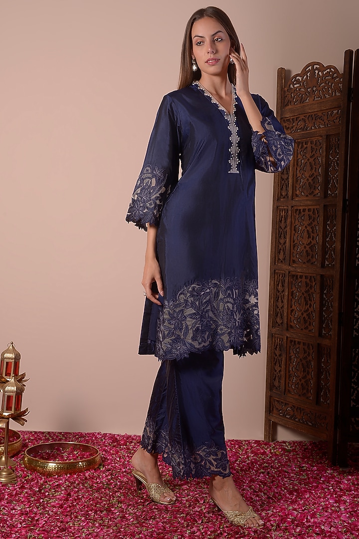 Navy Blue Pure Silk Cutwork Embroidered Kurta Set by Surabhi Arya at Pernia's Pop Up Shop