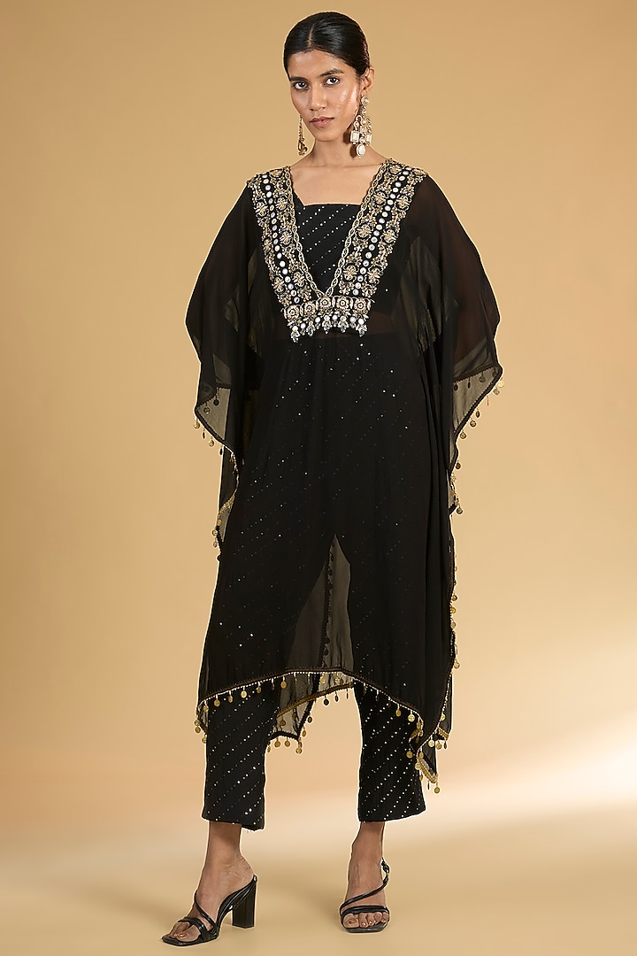 Black Georgette Hand Embroidered Kaftan Set by Surabhi Arya at Pernia's Pop Up Shop