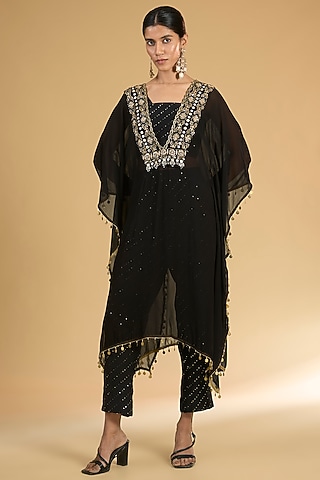 Black Georgette Hand Embroidered Kaftan Set by Surabhi Arya