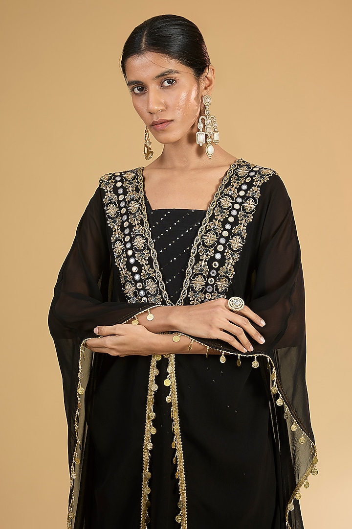 Black Georgette Hand Embroidered Kaftan Set by Surabhi Arya at Pernia's Pop Up Shop