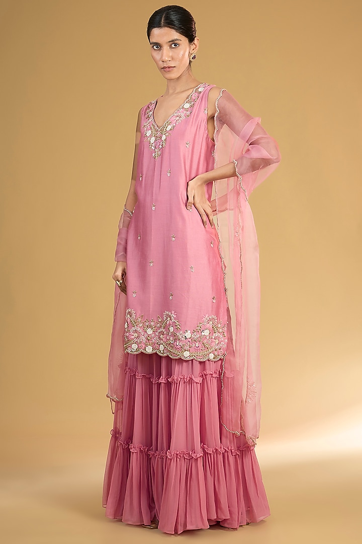 Onion Pink Georgette Gharara Set by Surabhi Arya at Pernia's Pop Up Shop