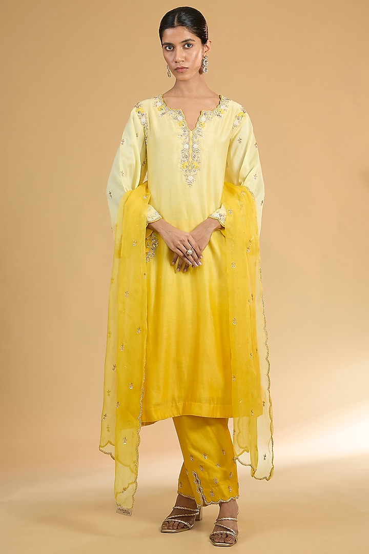 Yellow Ombre Silk Chanderi Hand Embroidered Kurta Set by Surabhi Arya at Pernia's Pop Up Shop