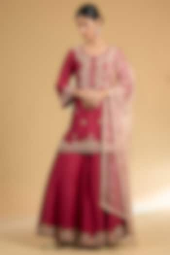 Red Silk Chanderi Hand Embroidered Kurta Set by Surabhi Arya at Pernia's Pop Up Shop