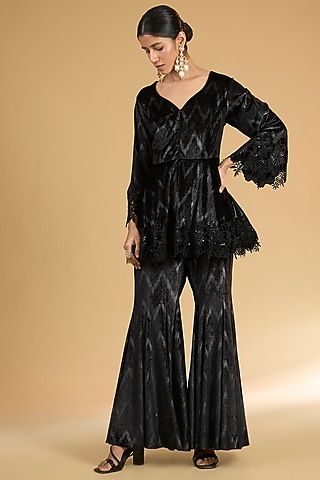 Black Velvet Embroidered Co-Ord Set by Surabhi Arya