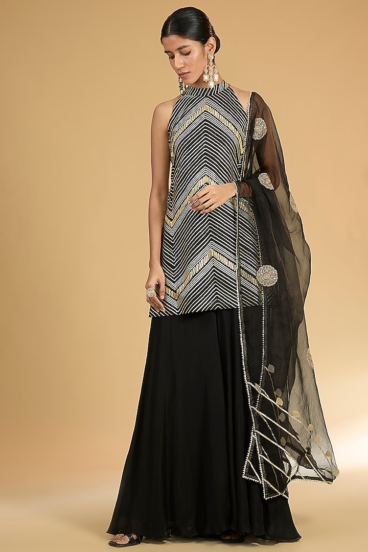 Black Chinon Sharara Set by Surabhi Arya at Pernia's Pop Up Shop