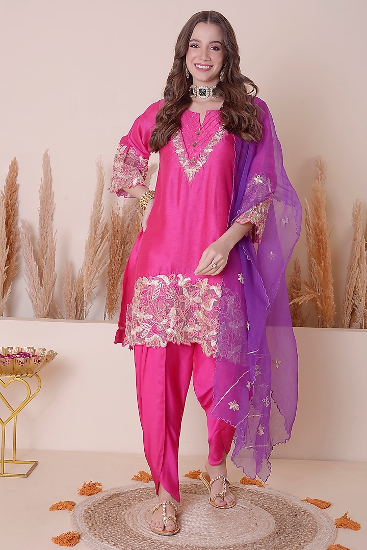 Hot Pink Bemberg Silk & Modal Satin Embroidered Kurta Set by Surabhi Arya