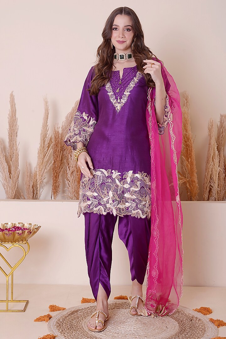 Purple Bemberg Silk & Modal Satin Embroidered Kurta Set by Surabhi Arya