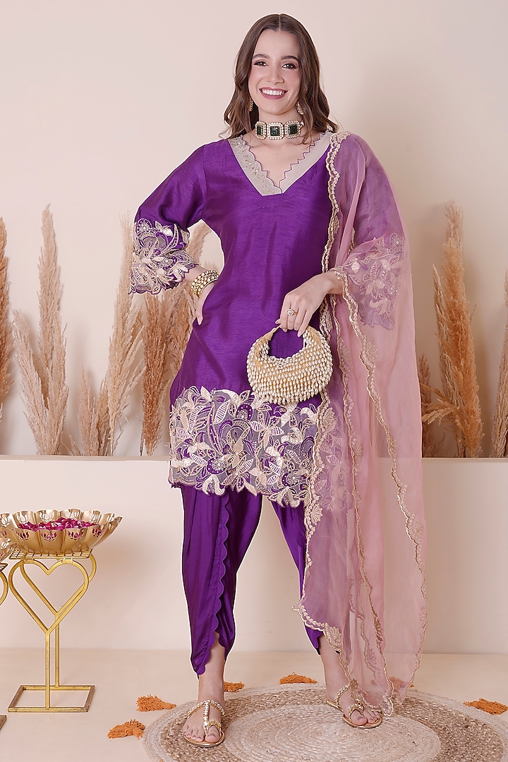 Purple Bemberg Silk Embroidered Kurta Set by Surabhi Arya