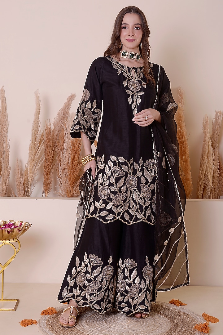 Black Bemberg Silk & Modal Satin Sharara Set by Surabhi Arya