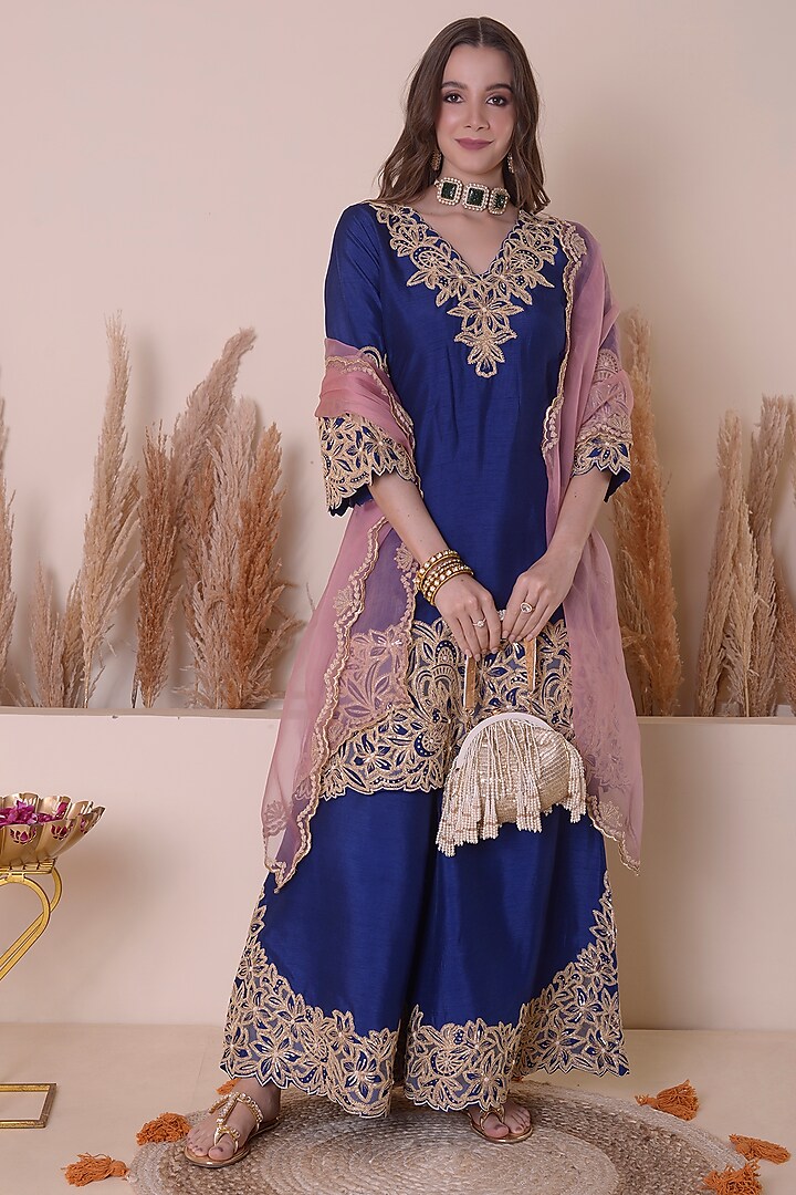 Blue Bemberg Silk & Modal Satin Sharara Set by Surabhi Arya