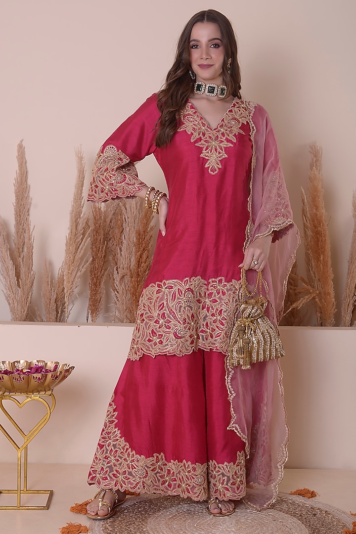 Pinkish Red Bemberg Silk Sharara Set by Surabhi Arya