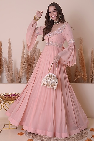 Blush Pink Georgette & Organza Hand Work Anarkali Set by Surabhi Arya
