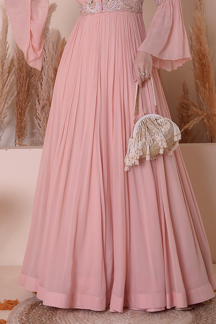 Blush Pink Georgette & Organza Hand Work Wedding Anarkali Set by Surabhi Arya at Pernia's Pop Up Shop