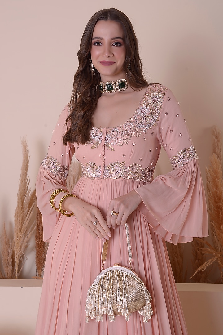 Blush Pink Georgette & Organza Hand Work Wedding Anarkali Set by Surabhi Arya at Pernia's Pop Up Shop
